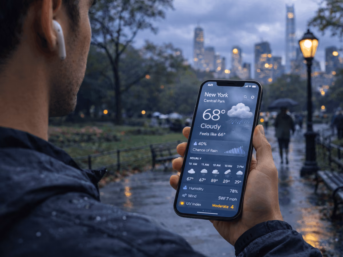 Person holding a smartphone displaying a weather forecast app showing rain conditions while standing in a city park on a rainy day.