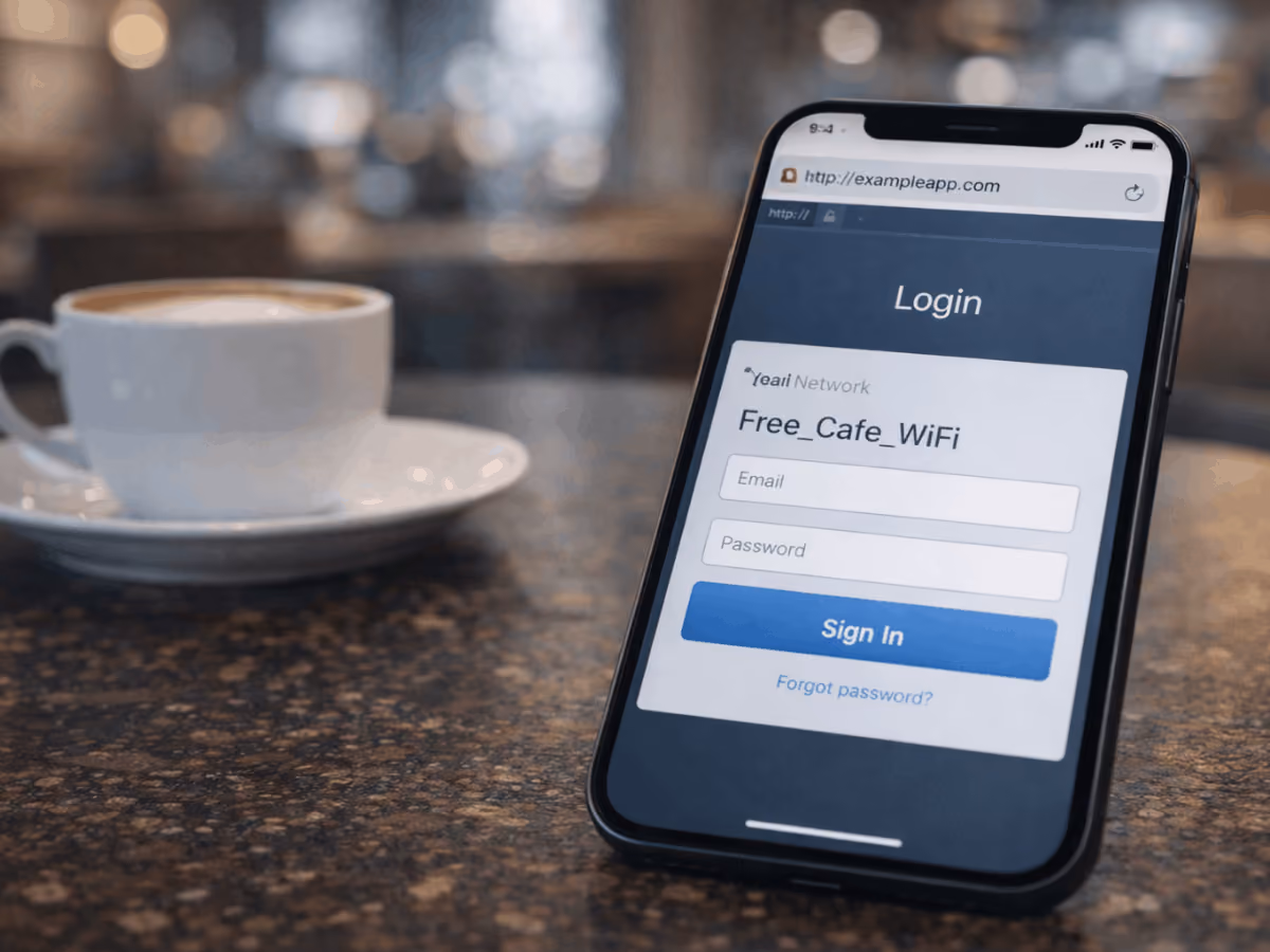 Smartphone displaying a public WiFi login page for a cafe network on a table next to a cup of coffee in a coffee shop.