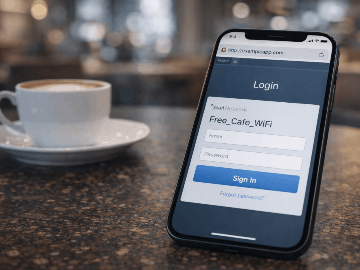 Smartphone displaying a public WiFi login page for a cafe network on a table next to a cup of coffee in a coffee shop.
