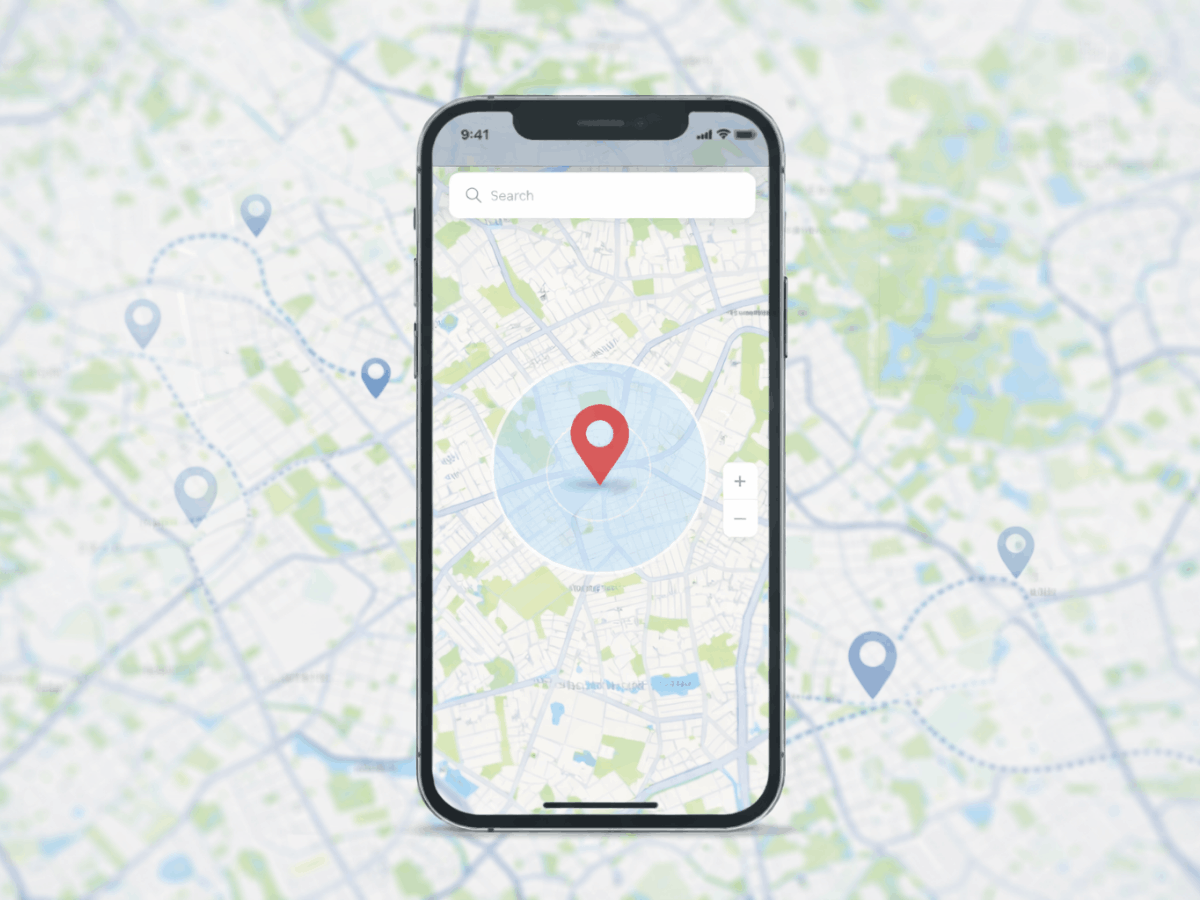 Smartphone displaying a map with a location pin and GPS tracking radius indicating real-time location tracking on a mobile device.