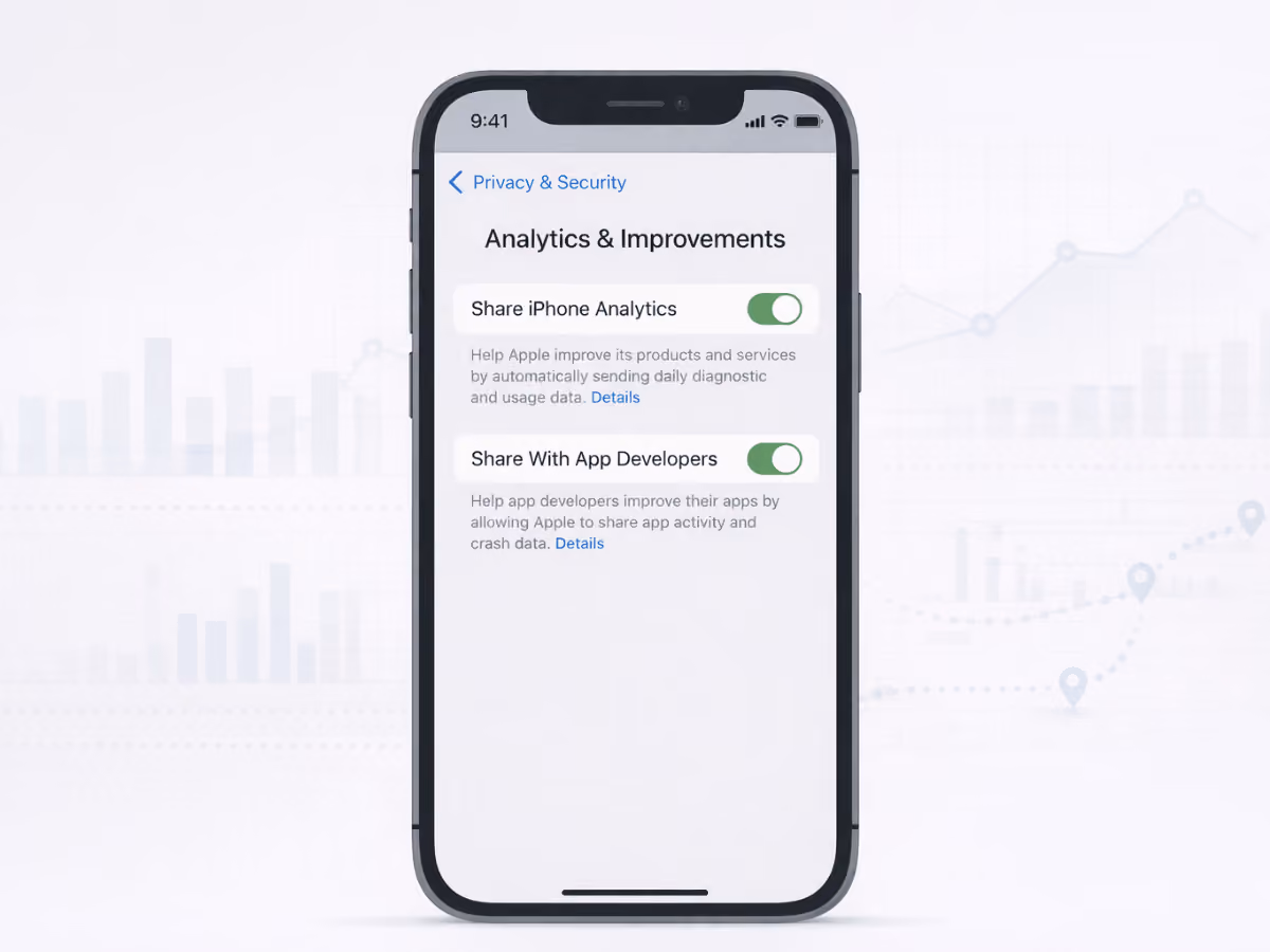 iPhone privacy and security settings screen displaying analytics and improvements options including share iPhone analytics and share data with app developers.