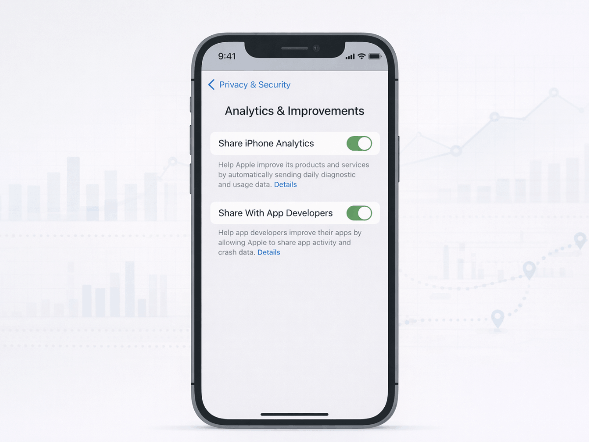 iPhone privacy and security settings screen displaying analytics and improvements options including share iPhone analytics and share data with app developers.
