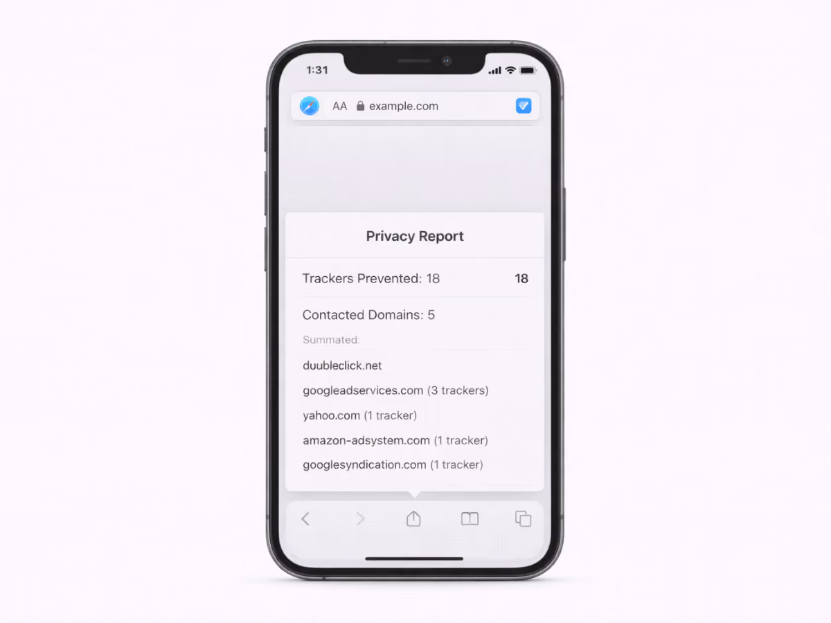 Smartphone displaying a browser privacy report showing blocked trackers and contacted domains used for online tracking and advertising analytics.