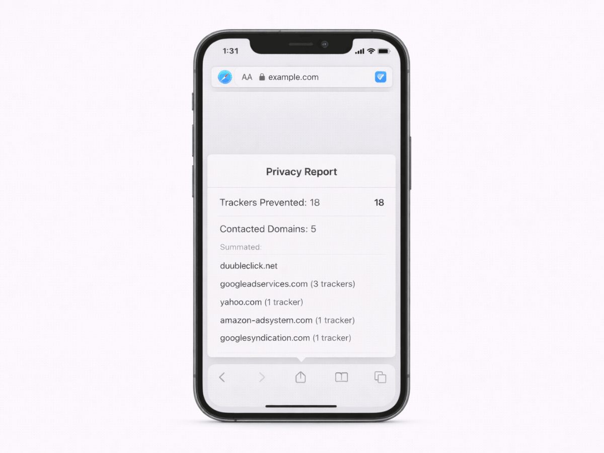 Smartphone displaying a browser privacy report showing blocked trackers and contacted domains used for online tracking and advertising analytics.