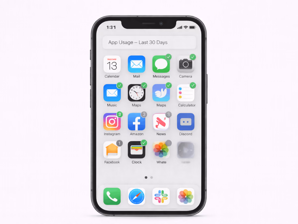 Smartphone screen displaying an app usage overview with icons for social media, messaging, maps, and other mobile apps used over the last 30 days.