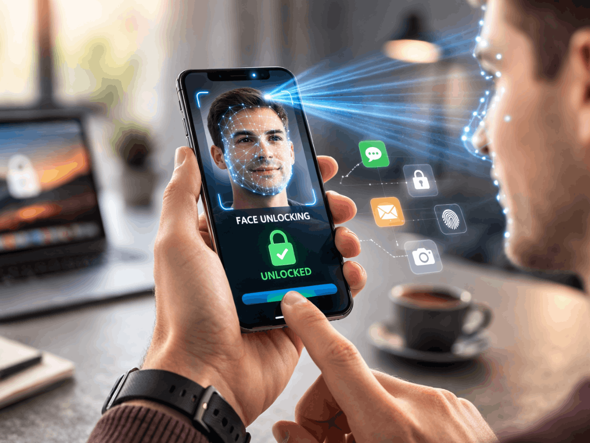 Person unlocking a smartphone using facial recognition with a face scan interface and biometric security icons on the screen.