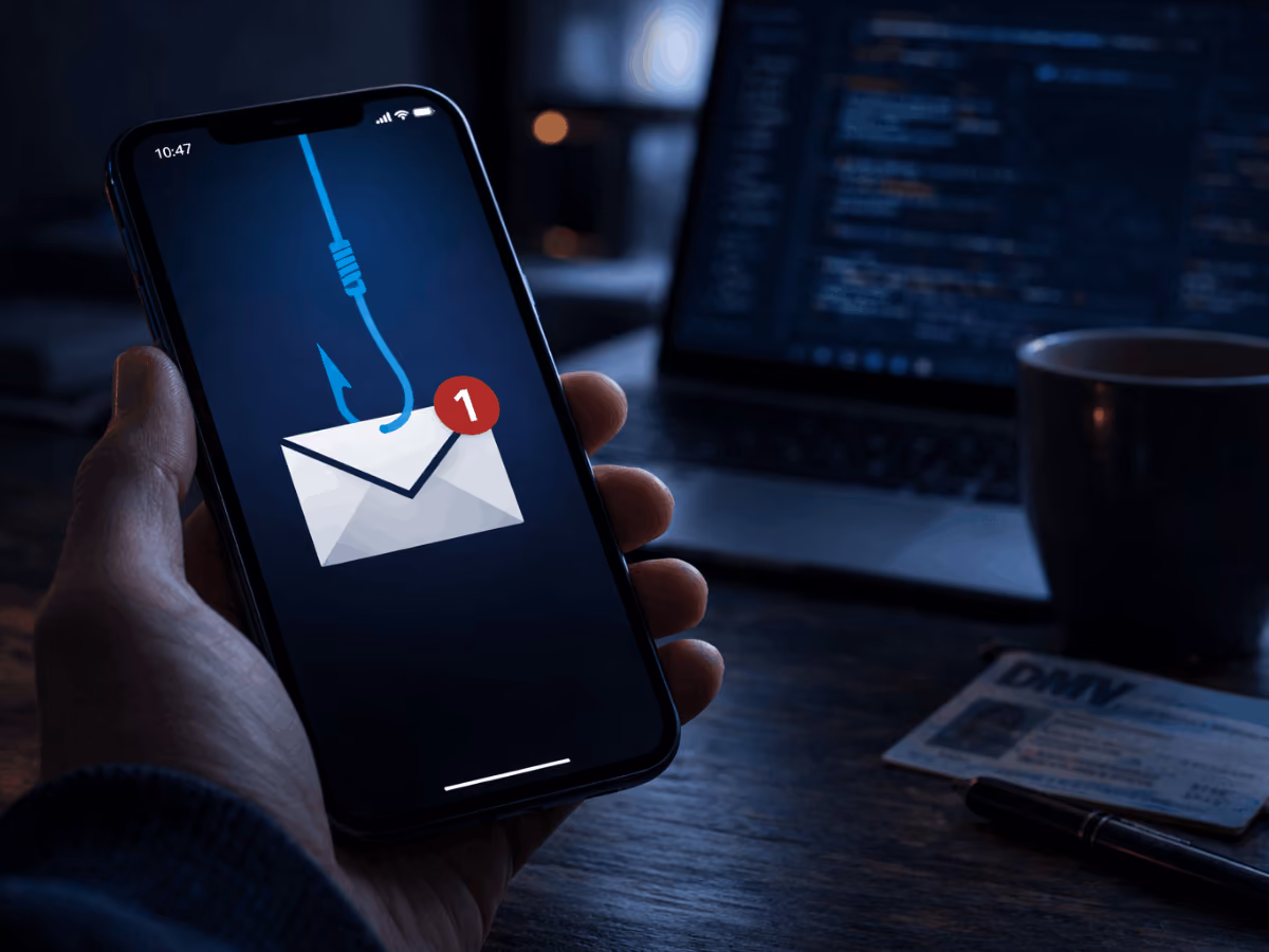 Smartphone displaying a phishing email notification with a hook icon symbolizing an email scam attempting to steal personal information.