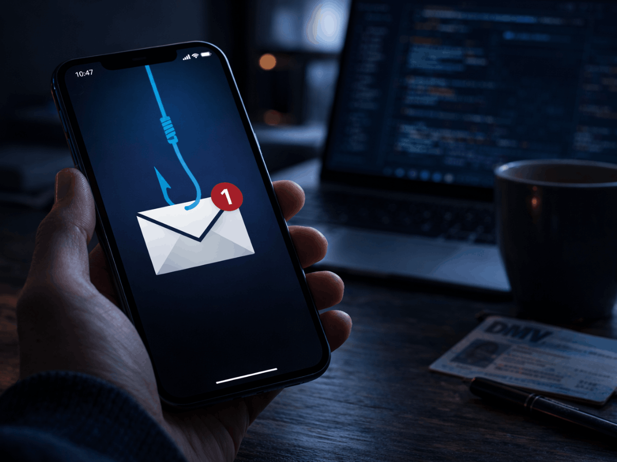 Smartphone displaying a phishing email notification with a hook icon symbolizing an email scam attempting to steal personal information.