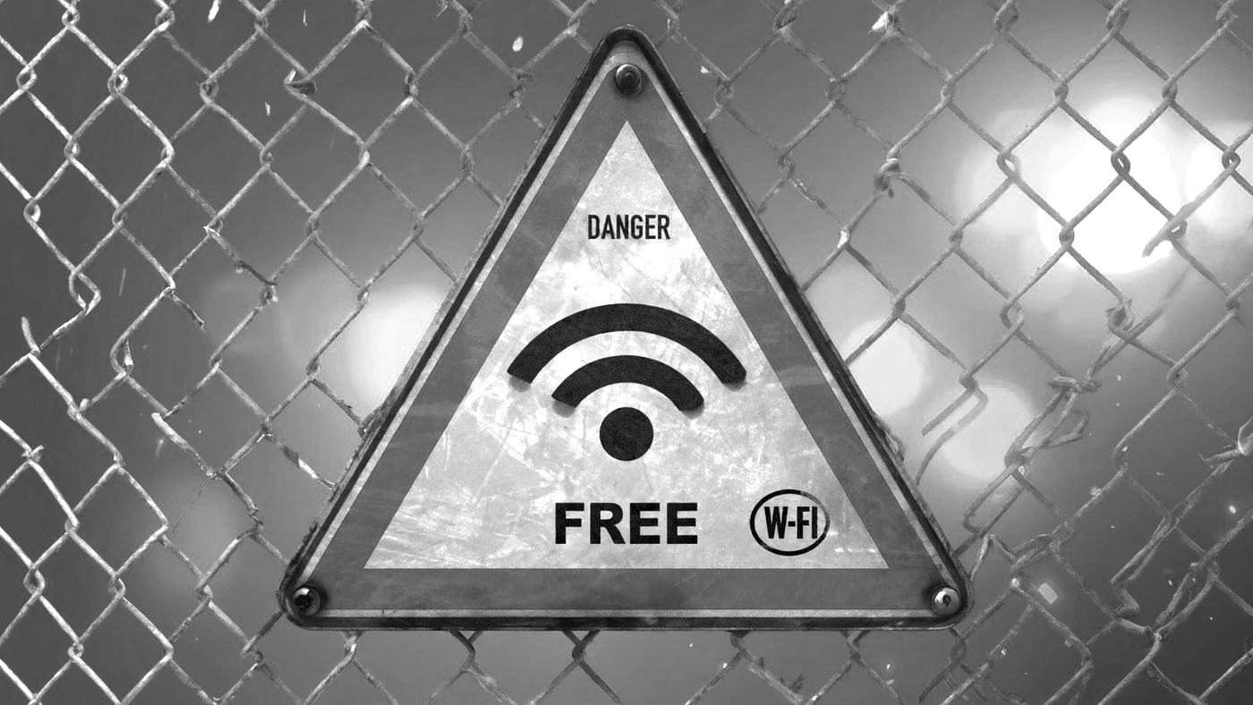 A sign displaying the message "Danger: WiFi Free," warning about the absence of wireless internet access. 