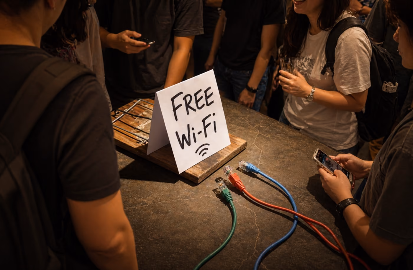A group of people gathers around a table displaying a sign that reads "Free WiFi," engaging in conversation.