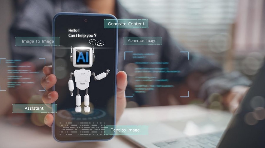 Infographic illustrating steps to integrate AI into business operations for improved efficiency and decision-making.  