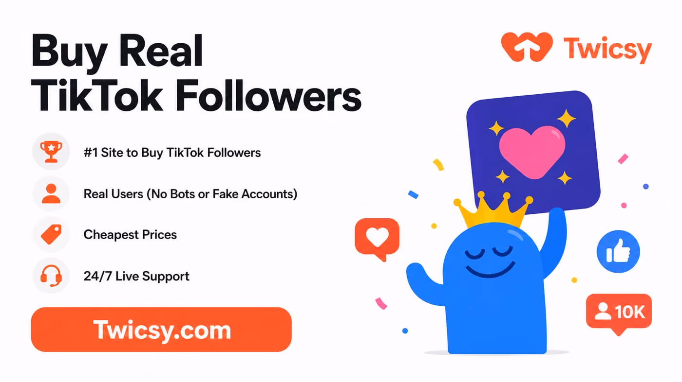 A promotional graphic advertising the purchase of real TikTok followers, featuring vibrant colors and engaging text.