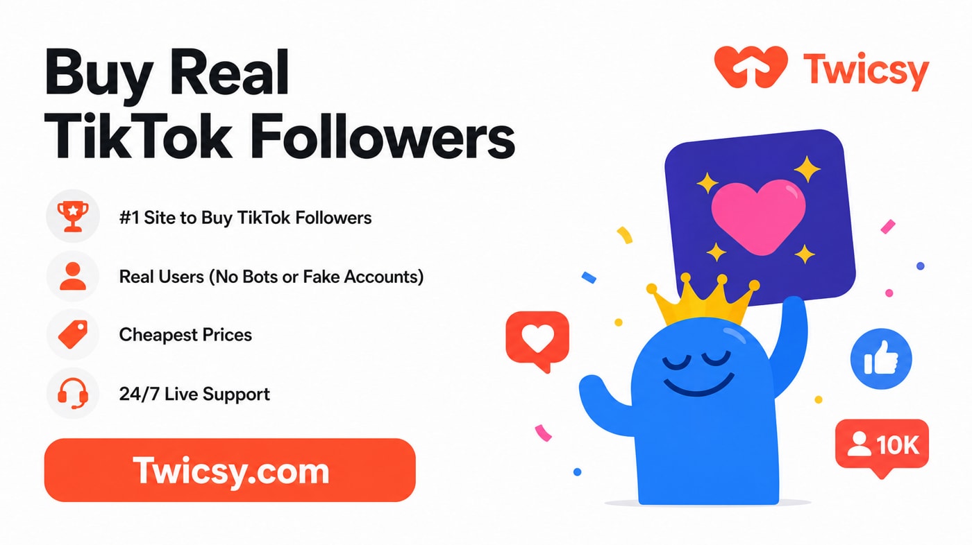 A promotional graphic advertising the purchase of real TikTok followers, featuring vibrant colors and engaging text.