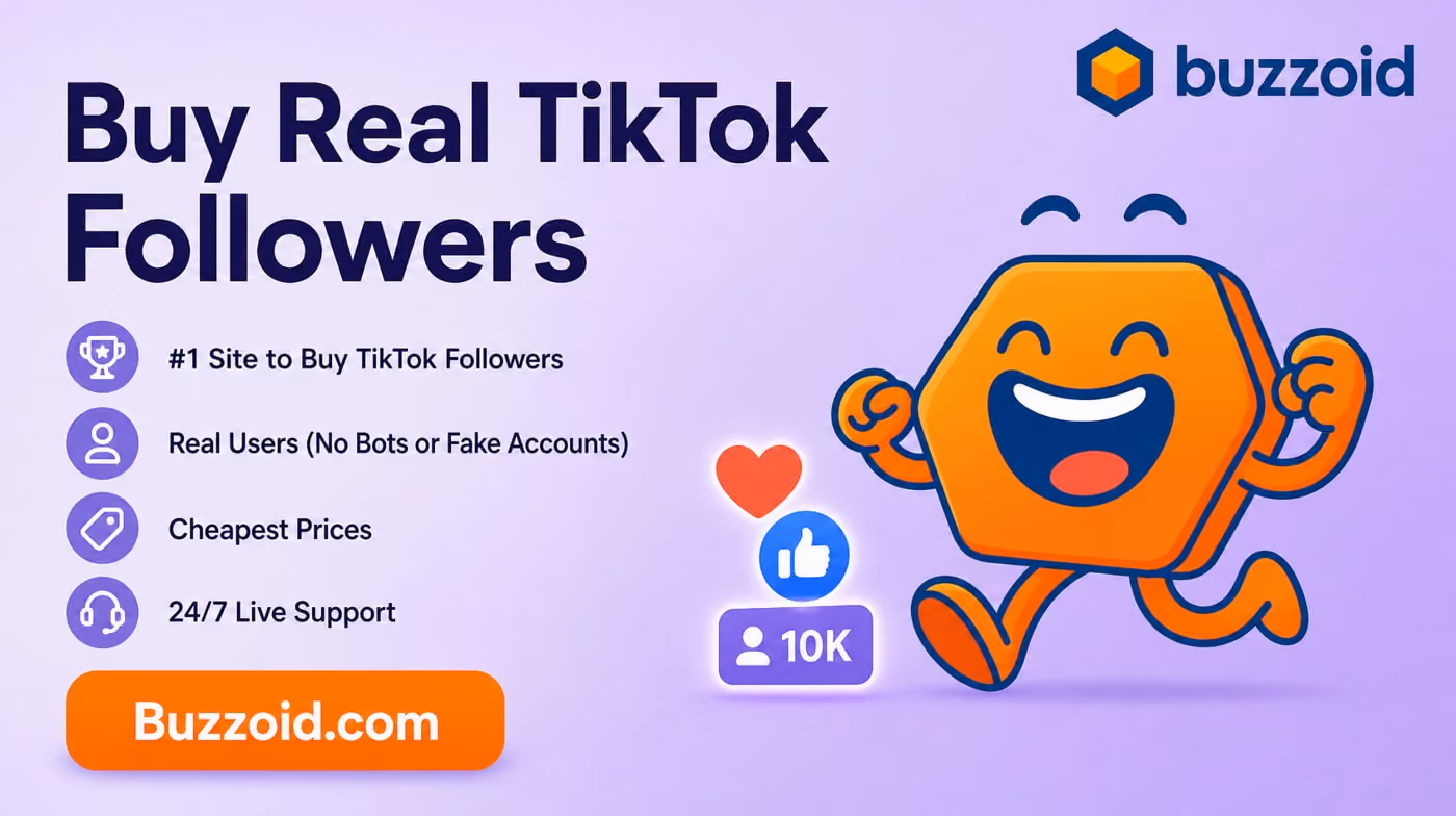 A promotional graphic advertising the purchase of real TikTok followers, featuring vibrant colors and engaging text.