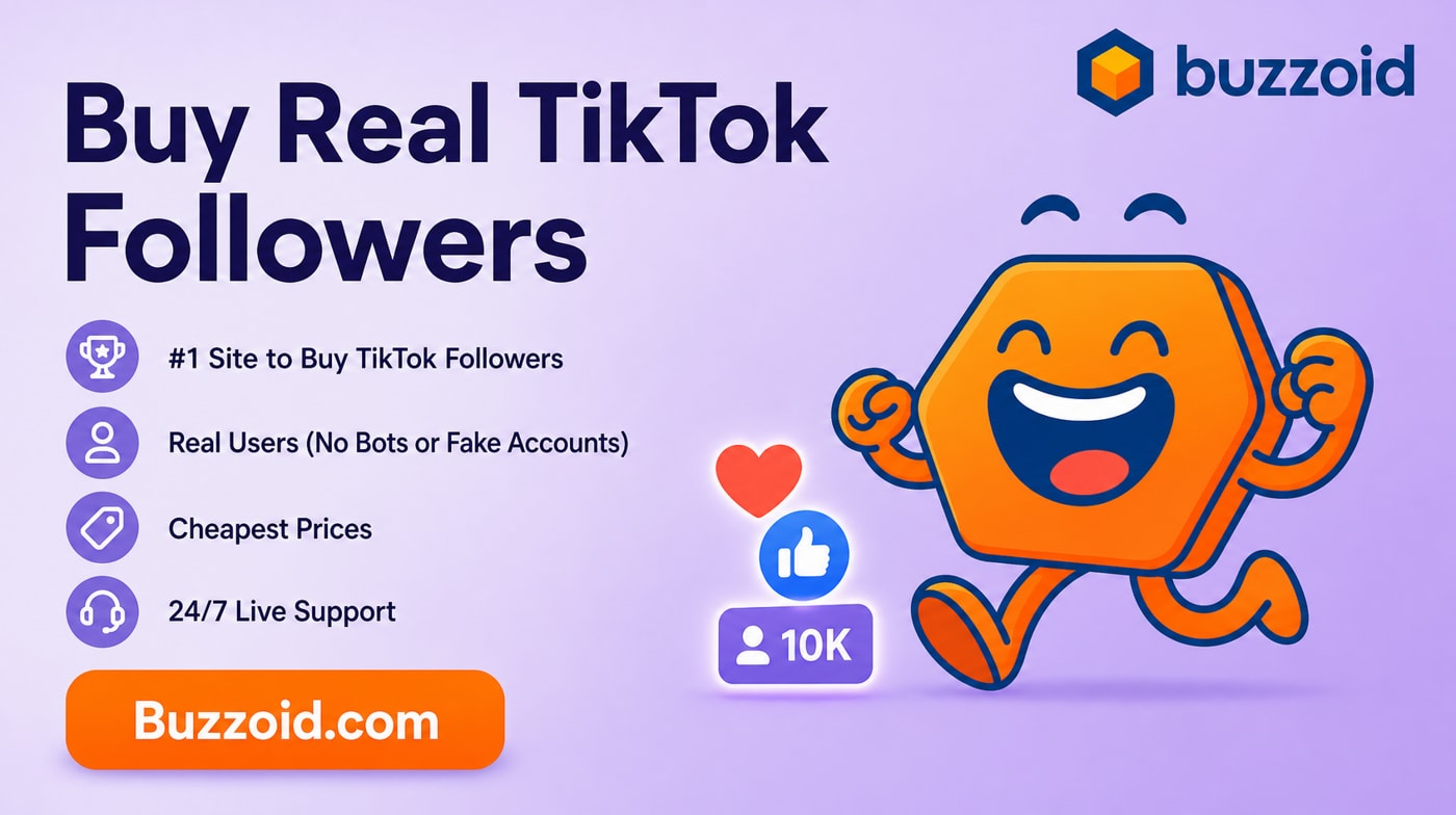 A promotional graphic advertising the purchase of real TikTok followers, featuring vibrant colors and engaging text. 