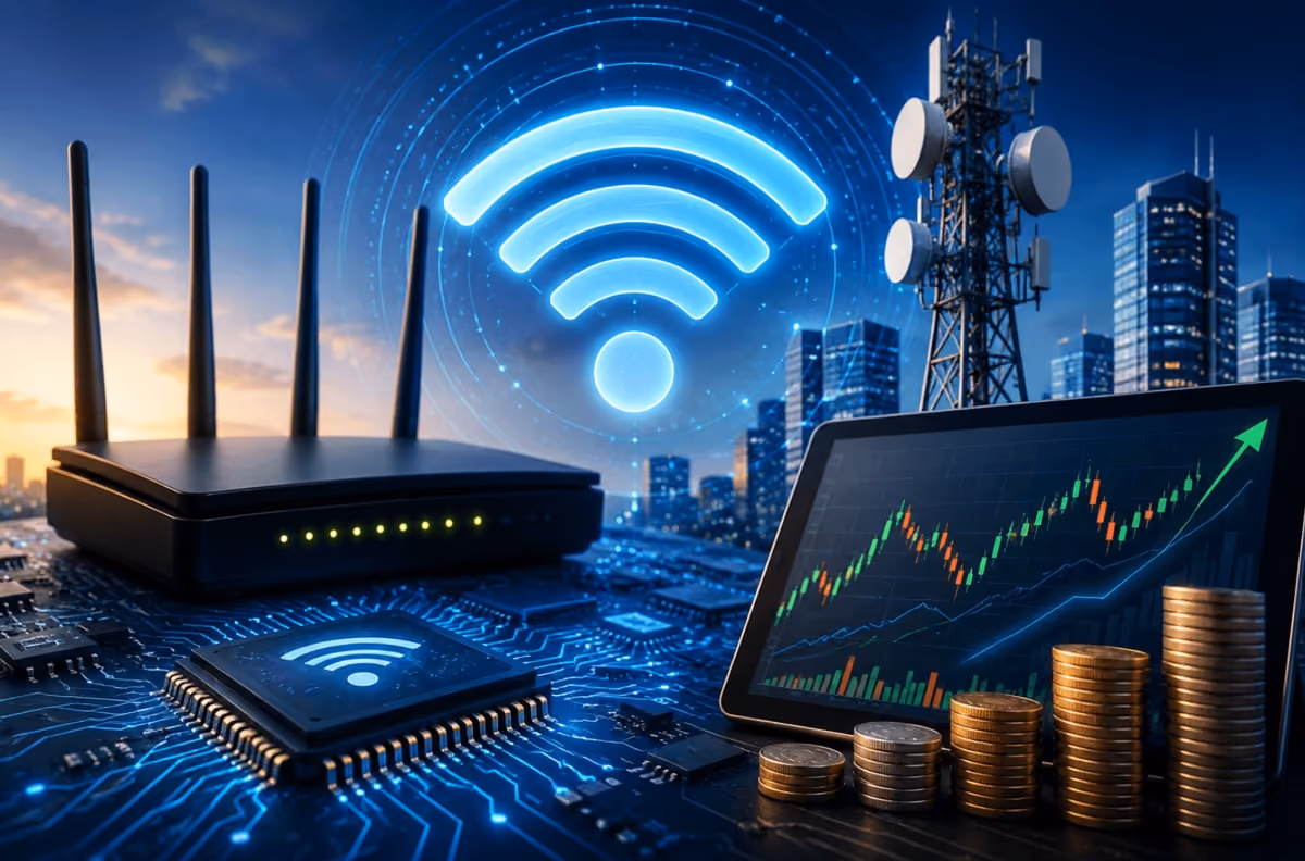A futuristic city skyline with advanced wireless technology, showcasing drones and smart devices interconnected.