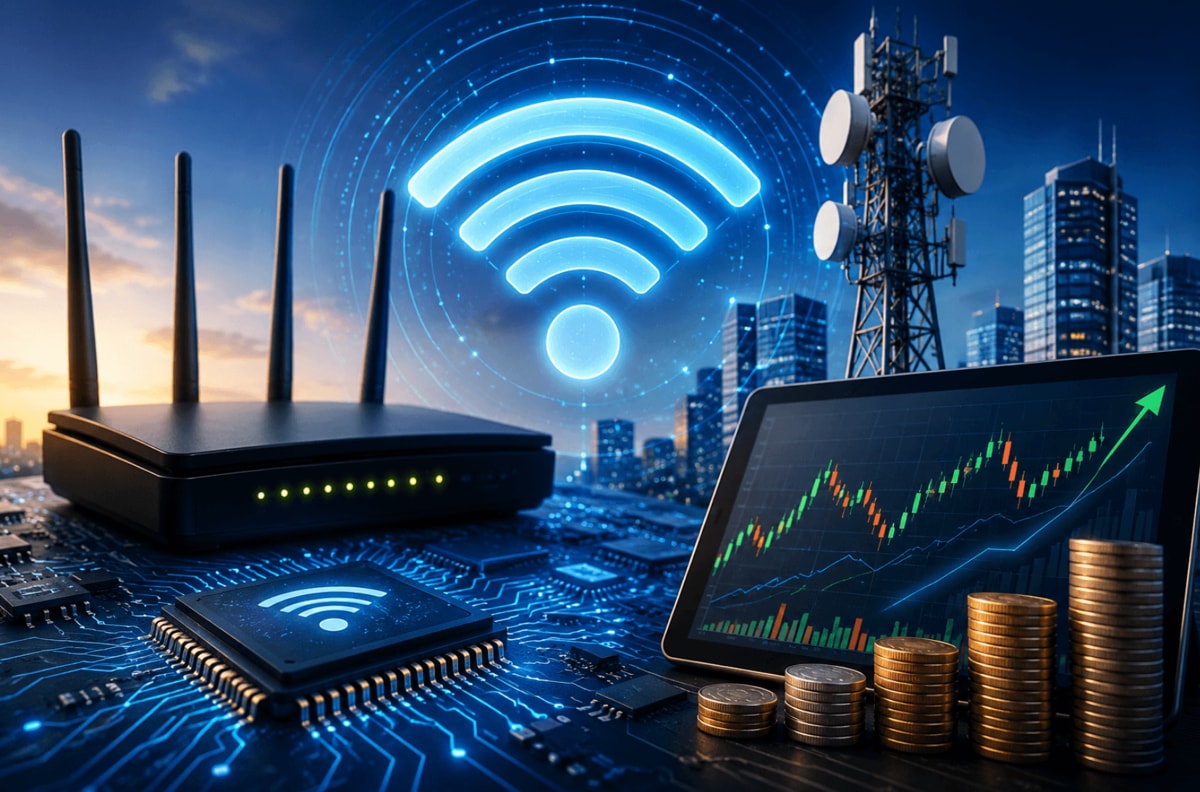 A futuristic city skyline with advanced wireless technology, showcasing drones and smart devices interconnected.