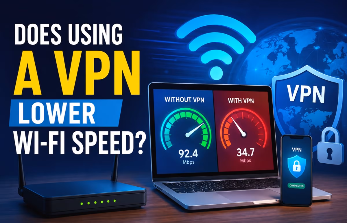 A graphic illustrating the impact of VPN usage on Wi-Fi speed, showing a speedometer with varying levels of performance.