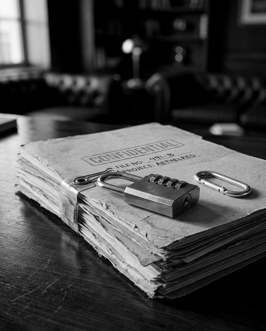 A highly realistic close-up photograph of a stack of confidential manila file folders placed on a dark polished wooden desk.