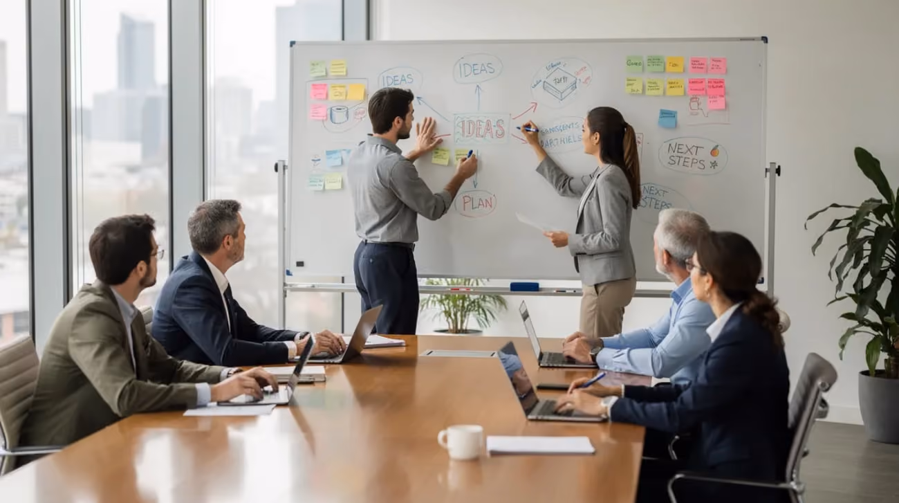 A group of business professionals engaged in a meeting, discussing ideas in front of a whiteboard filled with notes.