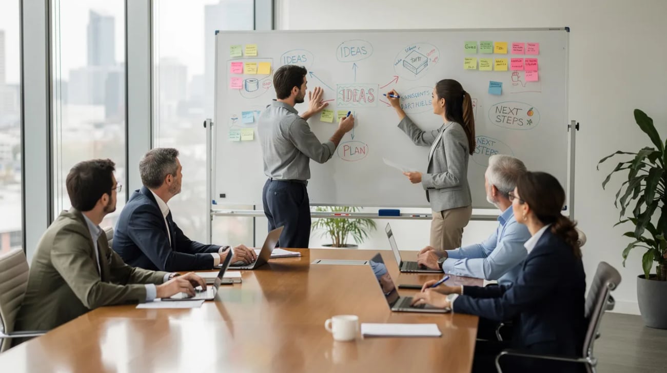 A group of business professionals engaged in a meeting, discussing ideas in front of a whiteboard filled with notes.