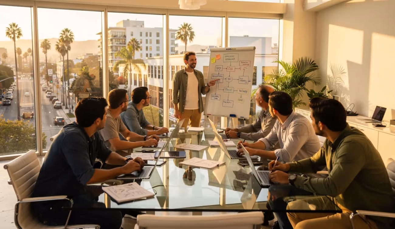 Business team collaborating in a meeting room, analyzing information presented on a whiteboard.