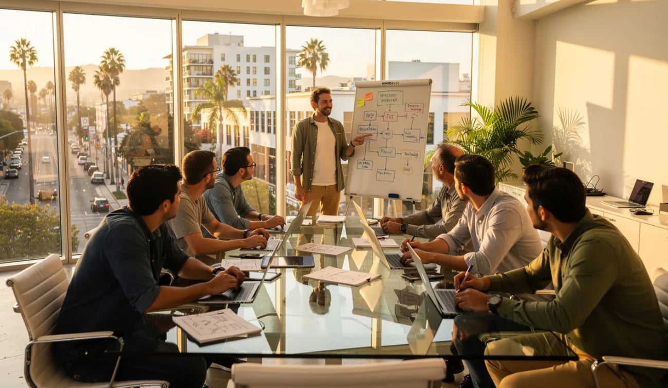 Business team collaborating in a meeting room, analyzing information presented on a whiteboard.
