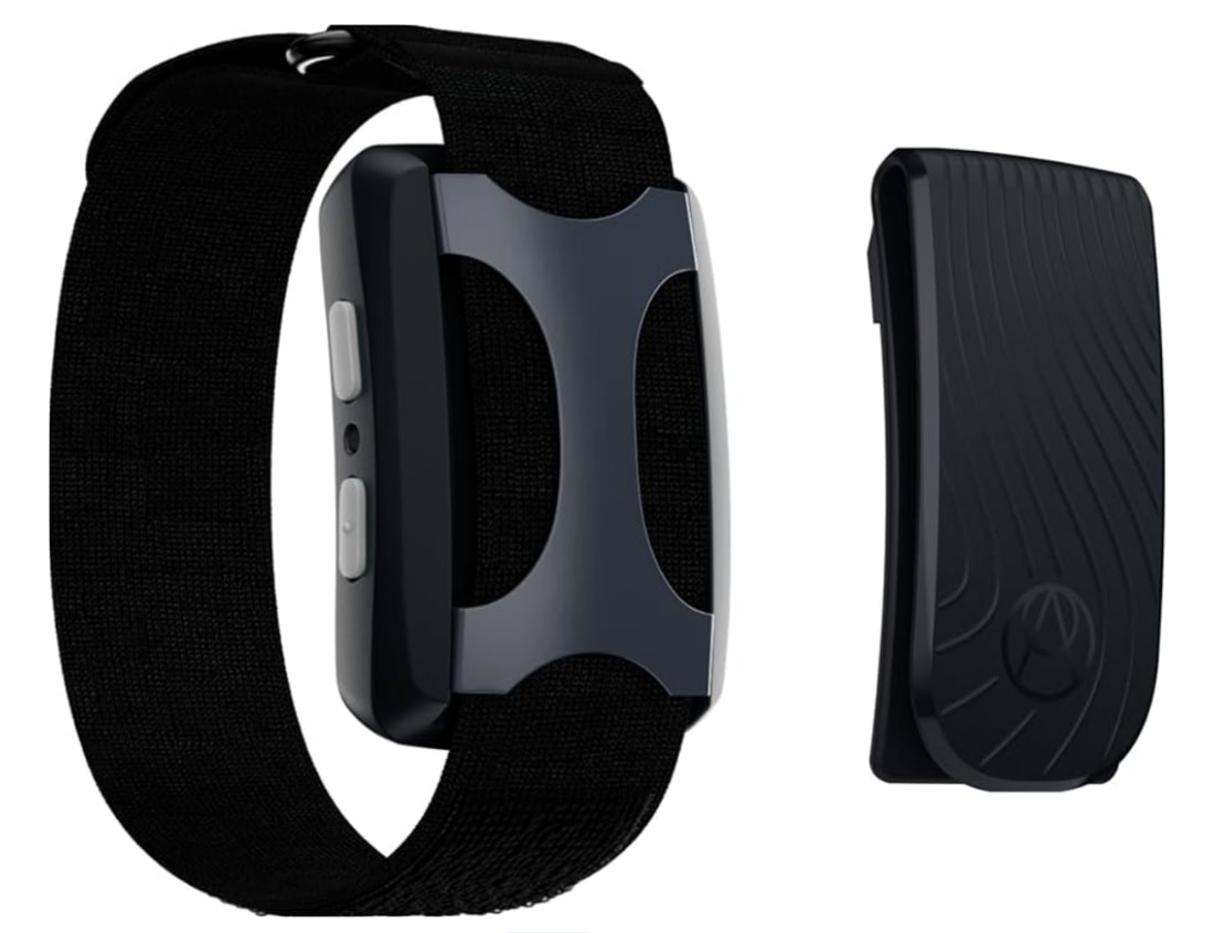 Black wristband with buttons and a sleek black clip-on device, showcasing modern design and functionality.