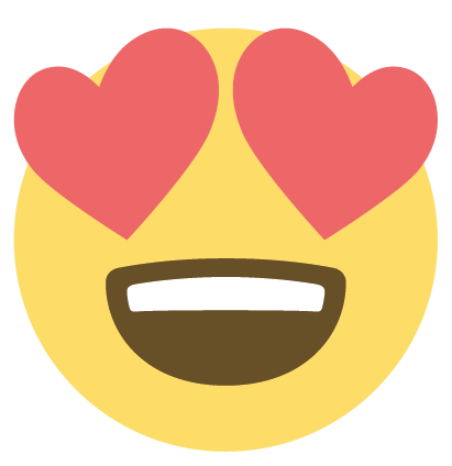 Visage jaune souriant avec des yeux en forme de cœur rouge.