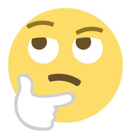 Visage jaune avec un sourcil levé et une main blanche sous le menton en geste de réflexion.