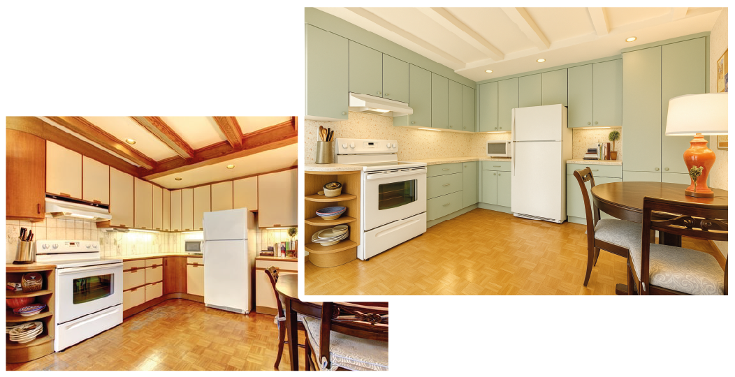 Cuisine moderne lumineuse avec des placards verts, un four blanc, un réfrigérateur blanc, une table en bois et un parquet clair.