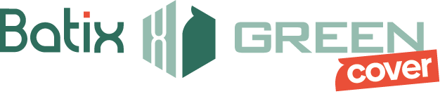 Logo Batix Green avec un symbole hexagonal stylisé et le mot 'cover' en rouge en bas à droite.