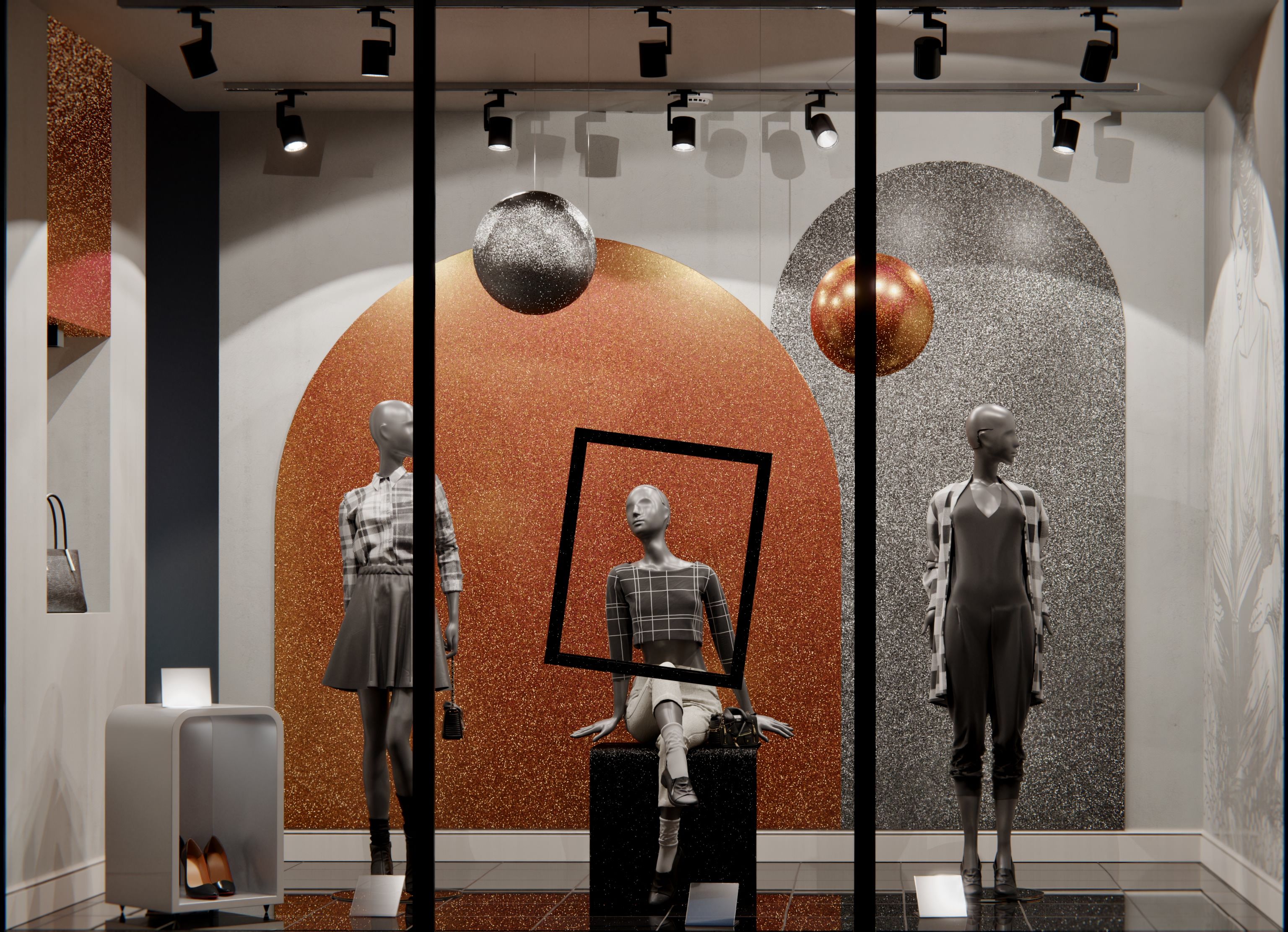 Vitrine de magasin avec trois mannequins habillés devant des fonds brillants orange et argent, décorés de sphères suspendues et de formes géométriques.
