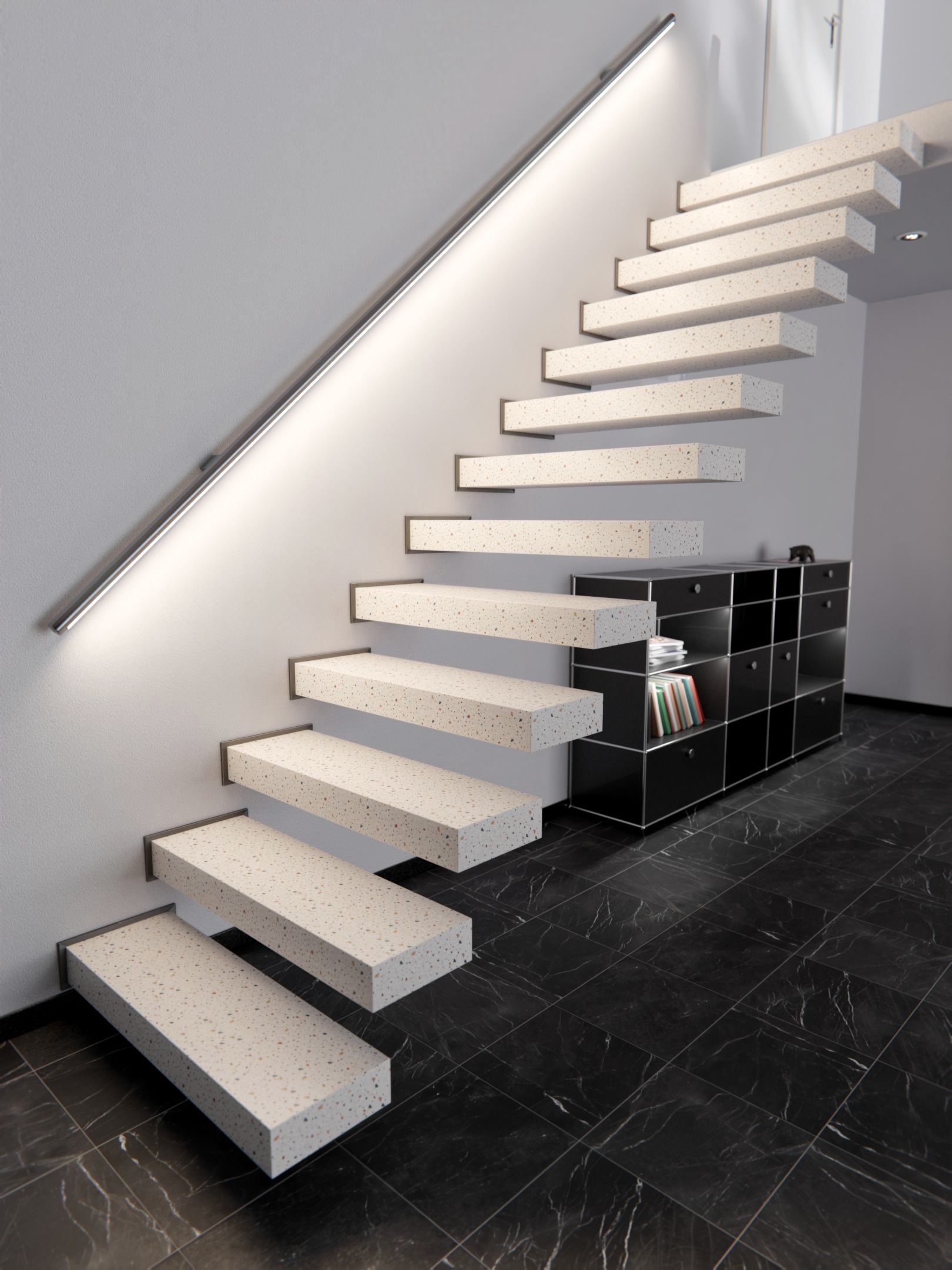 Escalier flottant moderne en béton avec rampe lumineuse intégrée, au-dessus d'un sol en carrelage noir et à côté d'une étagère noire.