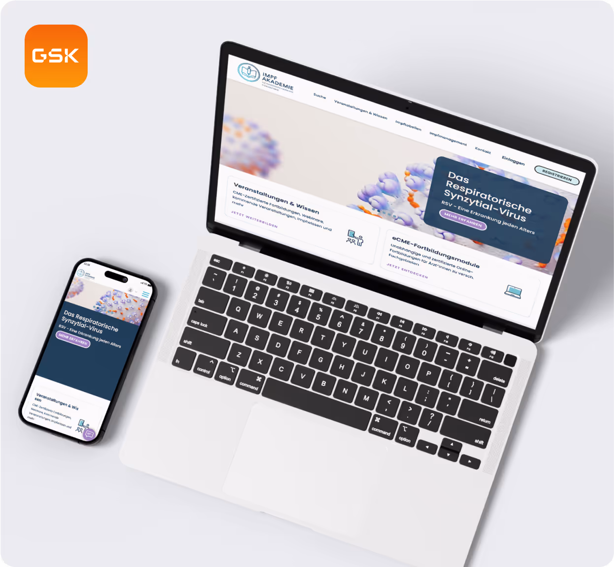 Laptop and smartphone displaying the IMPFAkademie website, developed by Havedevs for the German division of GSK. The portals provide news and educational content for patients, doctors, and nurses, updated with the AEM framework for enhanced user experience.