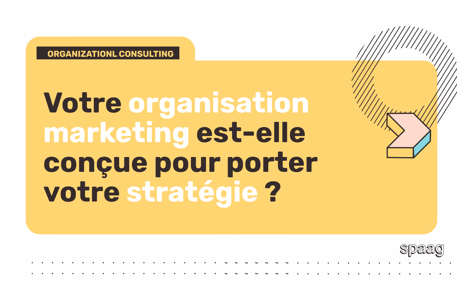 A yellow box with the text: “Is your marketing organization built to deliver your strategy?” and a small arrow graphic on the right.