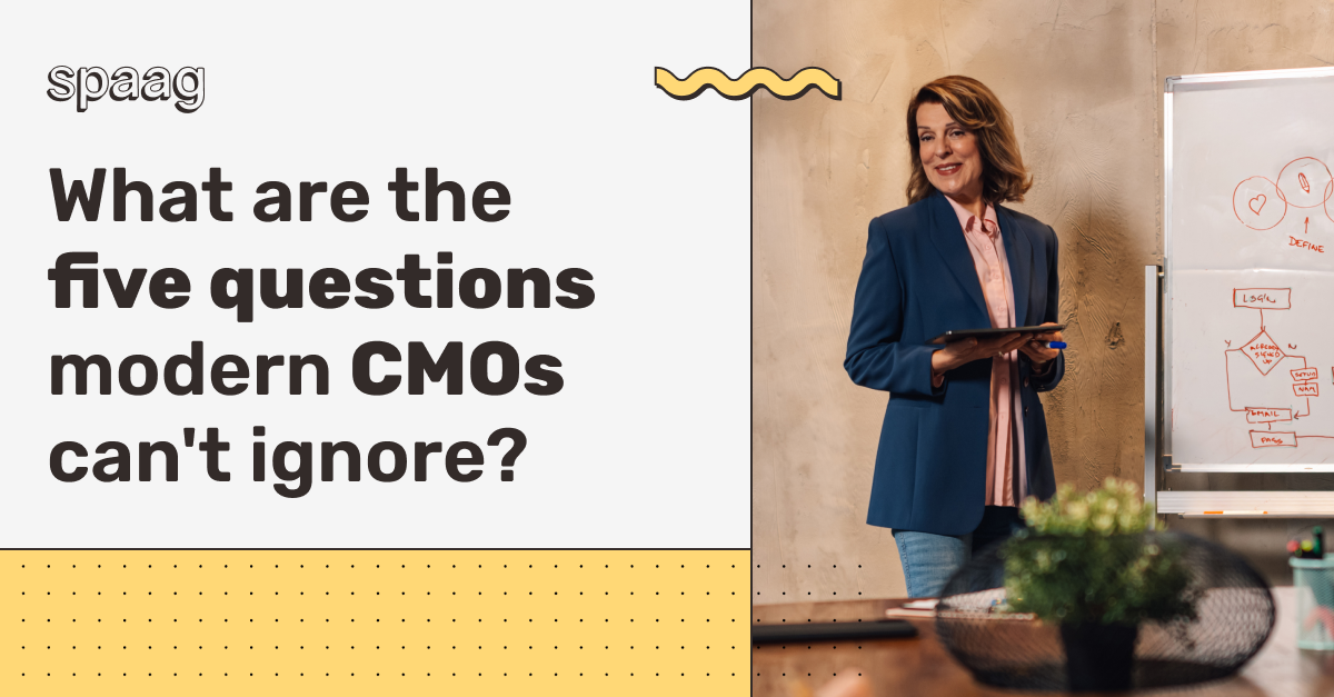 Promotional graphic by spaag asking, "What are the five questions modern CMOs can't ignore?" Next to the text, a woman in a blue blazer holds a tablet while standing beside a whiteboard in an office setting.