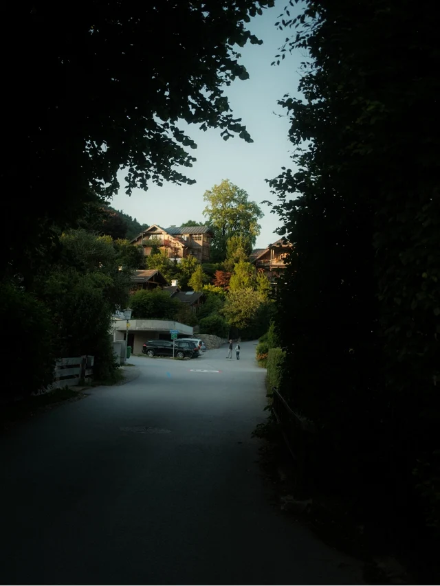 A quiet village street framed by dark foliage, with houses and trees in the background and two people walking in the distance.