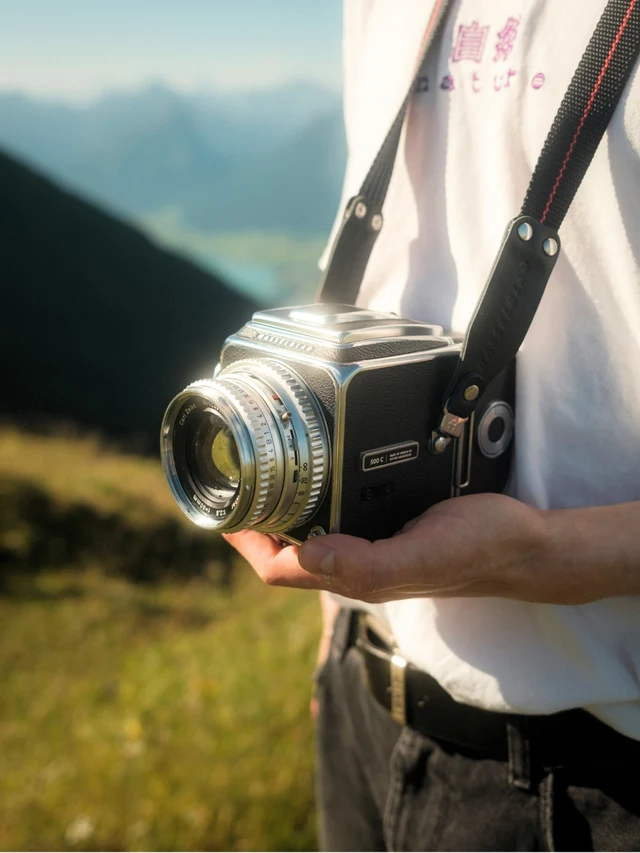 Person holding a vintage Hasselblad 500 C medium format camera outdoors with a mountain landscape in the background.
