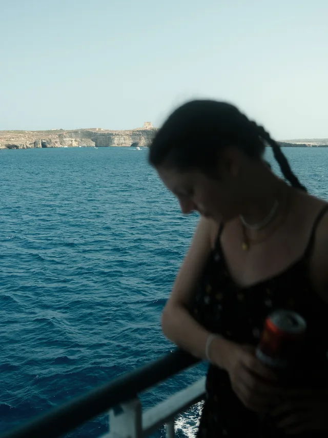 Person with braided hair leaning on a railing overlooking the ocean with cliffs in the distance.