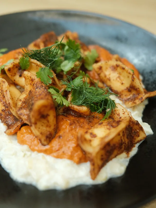 Plate of grilled seasoned dumplings on a bed of creamy white sauce with red sauce and fresh herbs on top.