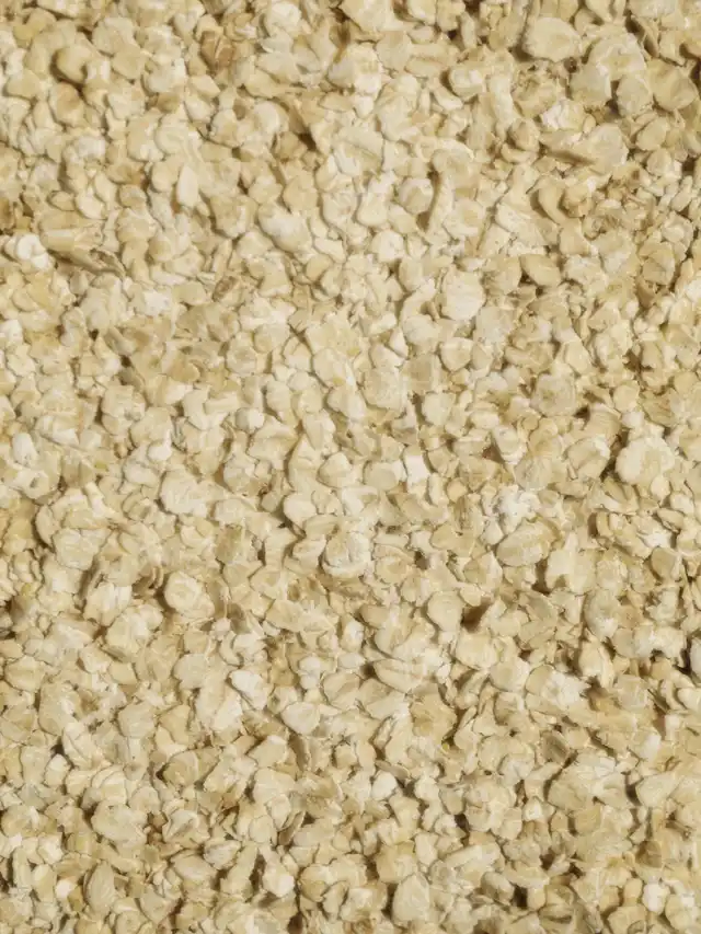 Close-up view of uncooked rolled oats spread evenly.