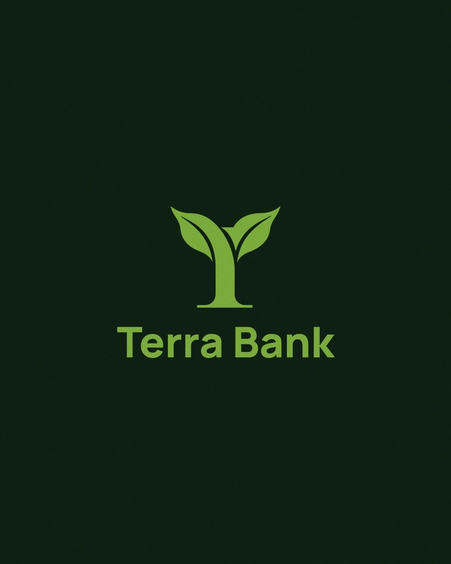 Green logo of a stylized plant with two leaves above the text Terra Bank on a dark background.