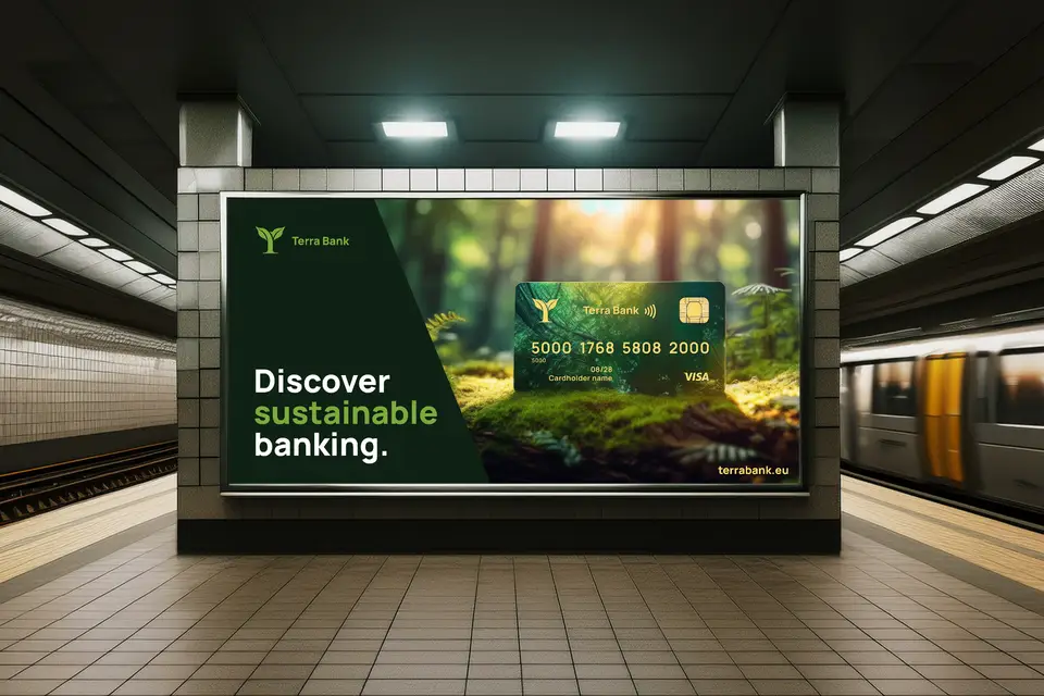 Subway station advertisement for Terra Bank featuring a green credit card and the text 'Discover sustainable banking.'