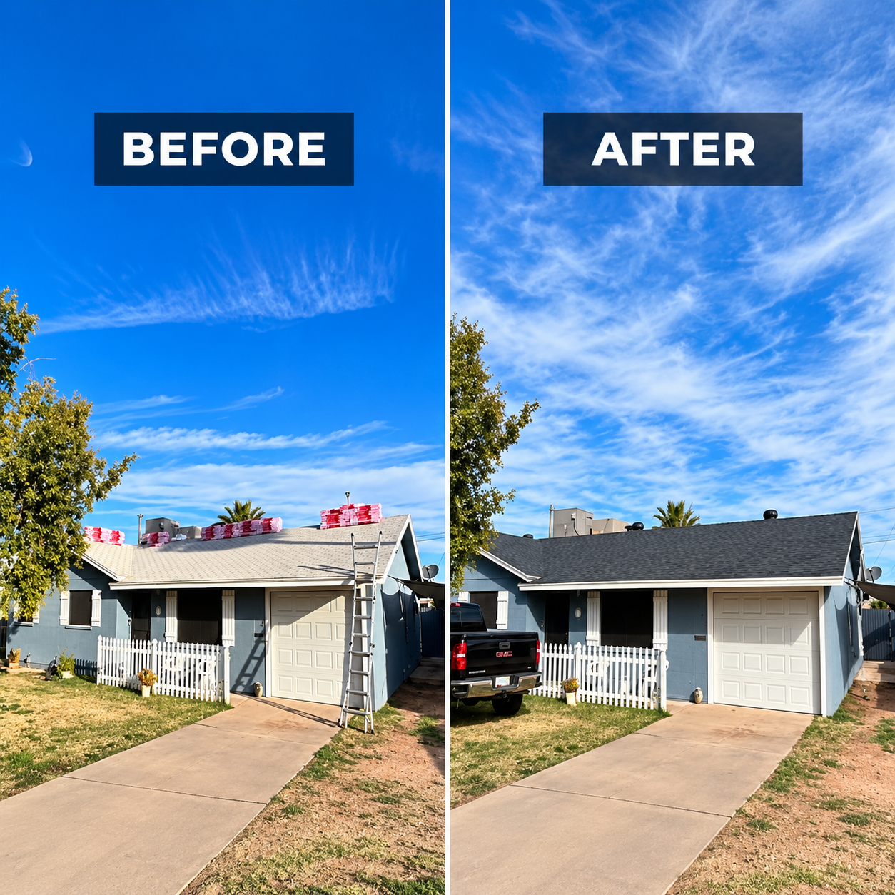 Before and after new shingle roof installation in Phoenix Arizona by Clarity Construction Group