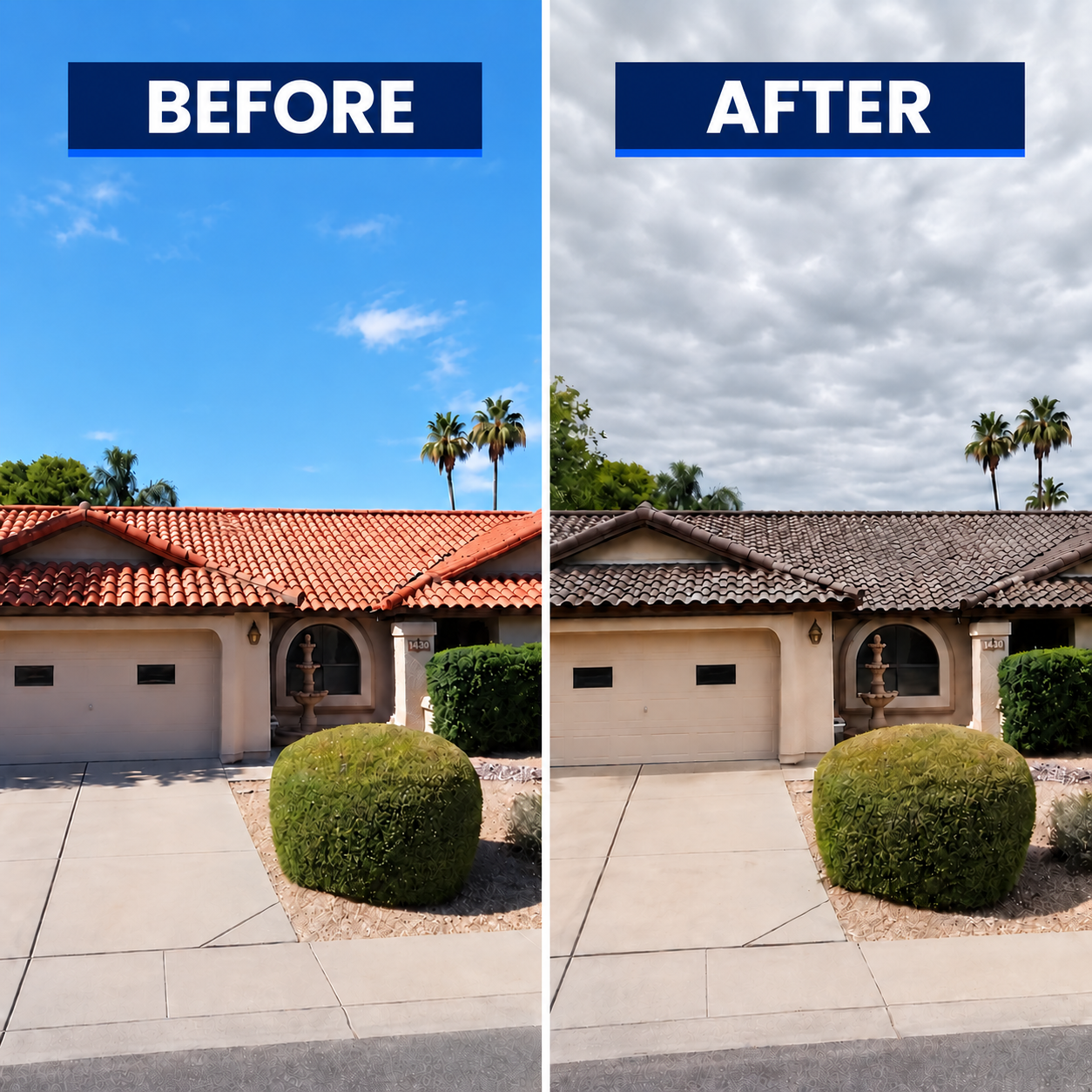 Before and after complete new tile roof installation in Ahwatukee Arizona