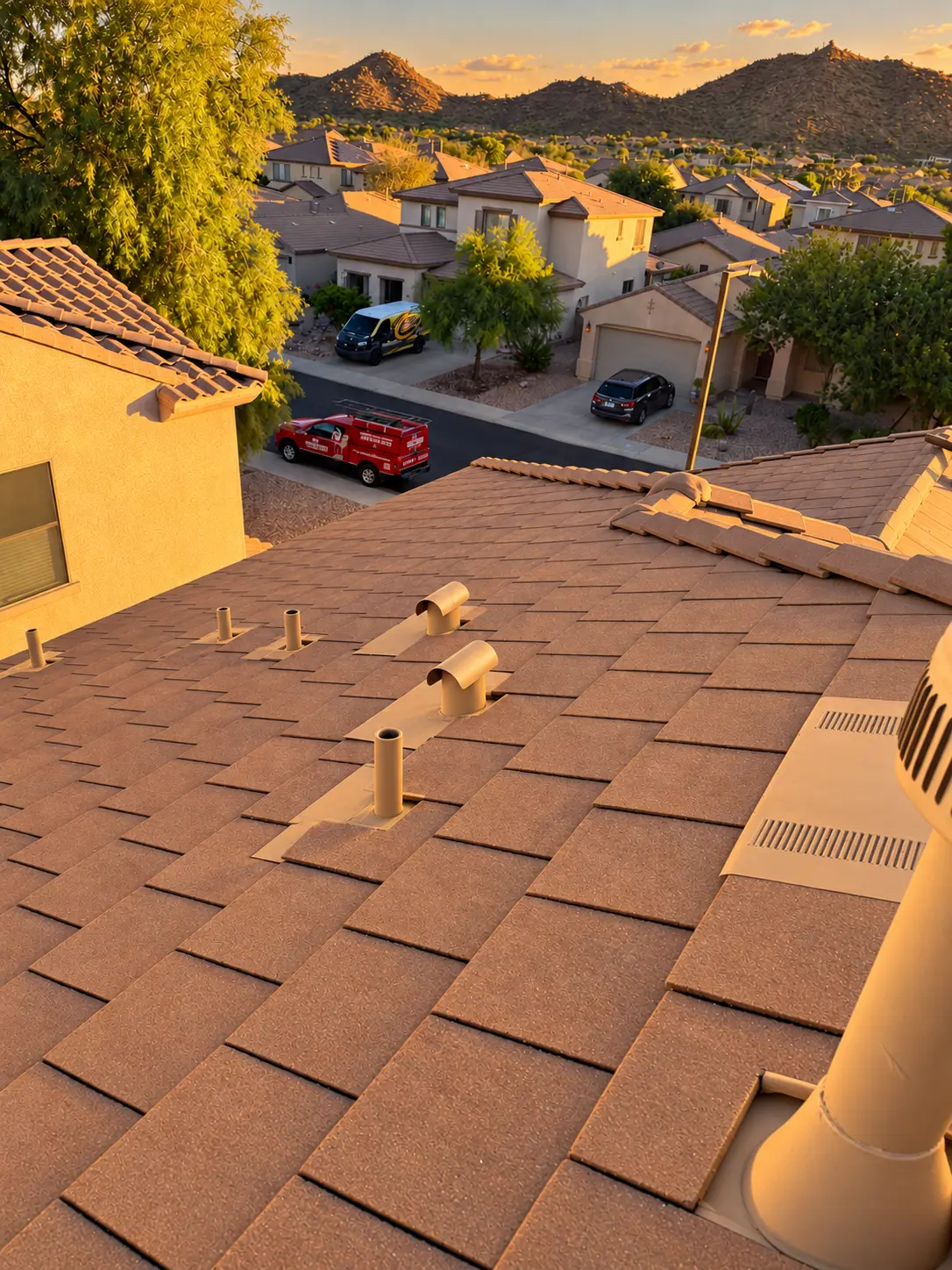 Completed tile roof across a Phoenix neighborhood view