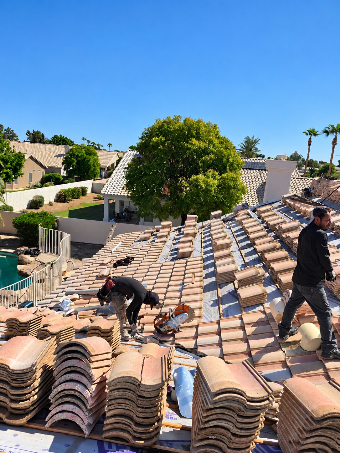 Roofing crew reinstalling concrete tile over new underlayment in Tempe Arizona