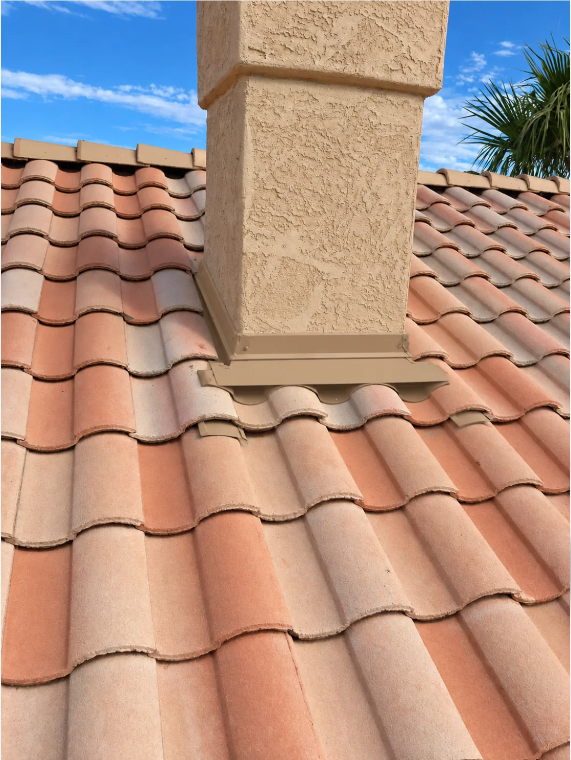 Finished tiles and metal flashing around a stucco chimney in Chandler Arizona