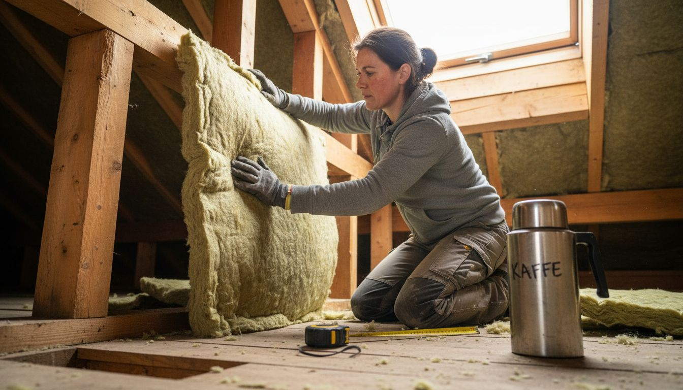 Ein Handwerker bringt im Dachgeschoss eine Dämmung aus Steinwolle an.